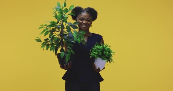 Kvinna stående med krukväxter — Stockvideo