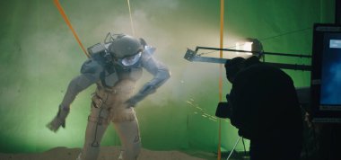 Shooting a scene with an astronaut struggling against the wind