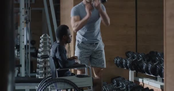 Fauteuil roulant homme soulevant du poids dans la salle de gym — Video