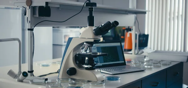 Cientista que estuda a amostra em microscópio — Fotografia de Stock