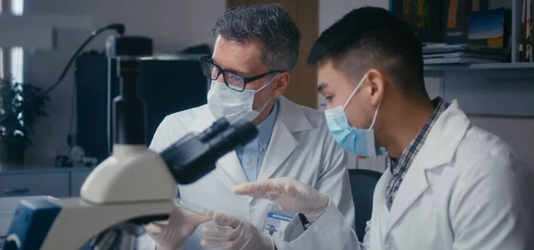 Profesor y estudiante discutiendo en laboratorio —  Fotos de Stock