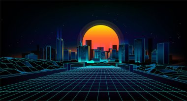Retro arka plan manzara 1980'lerin tarzı. Retro 80'ler Sci-Fi arka plan şehir Landscape.Futuristic arka plan retro dalga.