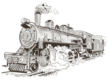 Eski tren, lokomotif vintage litografi tarzda.