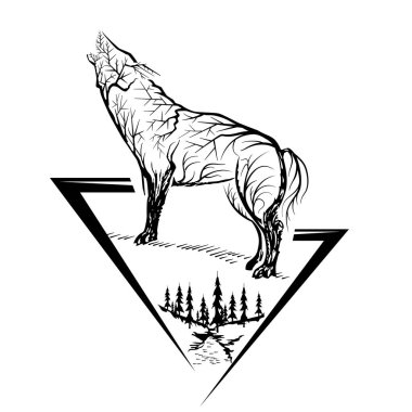 Uluyan kurt silüeti. Vektör soyut çizim.