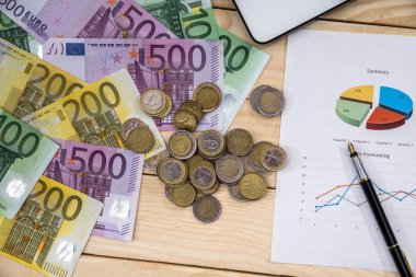 Euro madeni para ve banknot ile iş raporu