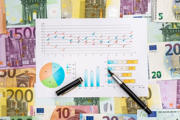 Různé Euro Bankovky Obchodní Graf — Stock fotografie