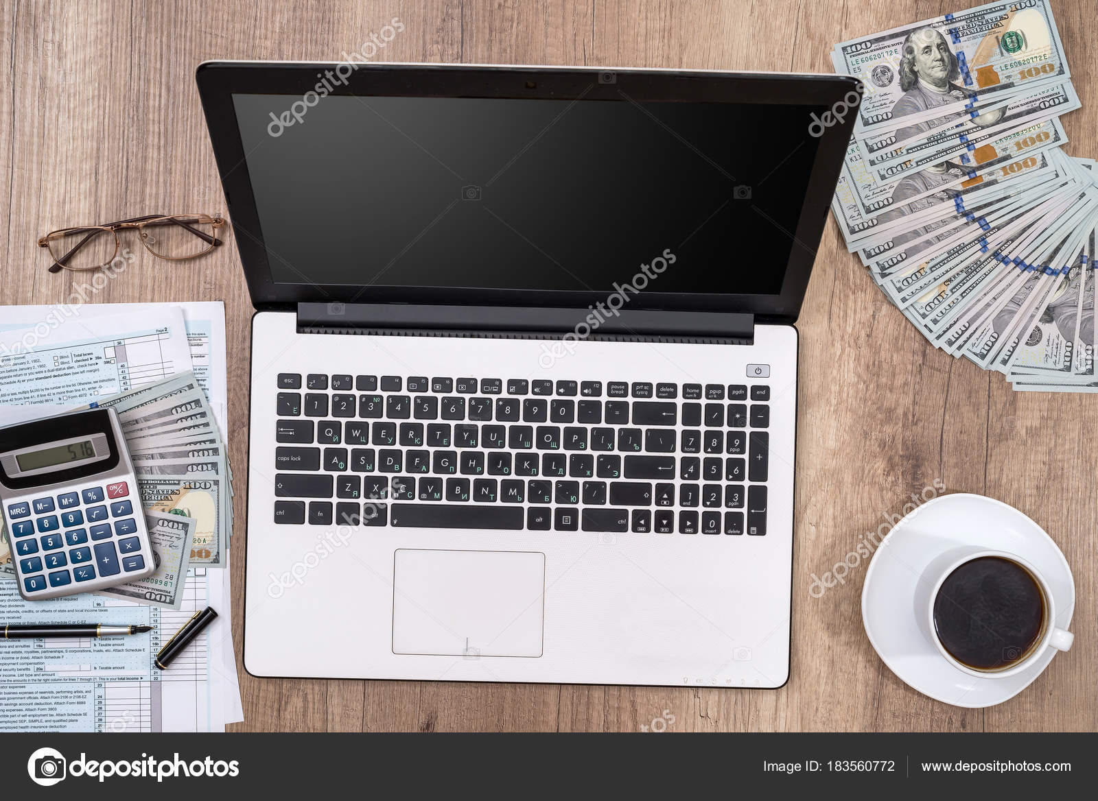 Tax Form Laptop Coffee Dollar Desk Stock Photo C Alfexe 183560772