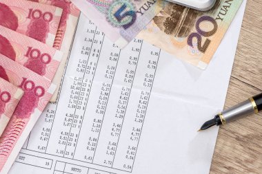 Hesap makinesi, yuan ve kalem masa üzerinde bütçe metin.