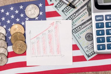 ABD bayrağı ve grafik, kalem ve hesap makinesi ile para.