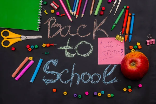 Many School Supplies Apples Black Blackboard — Stock Photo, Image