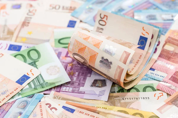 Nombreux Billets Euros Différents Comme Toile Fond — Photo