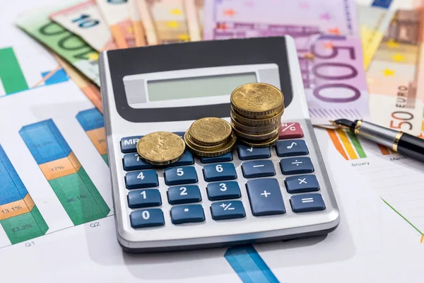 Europeiska Unionens Valuta Med Miniräknare Business Diagram Skrivbord — Stockfoto