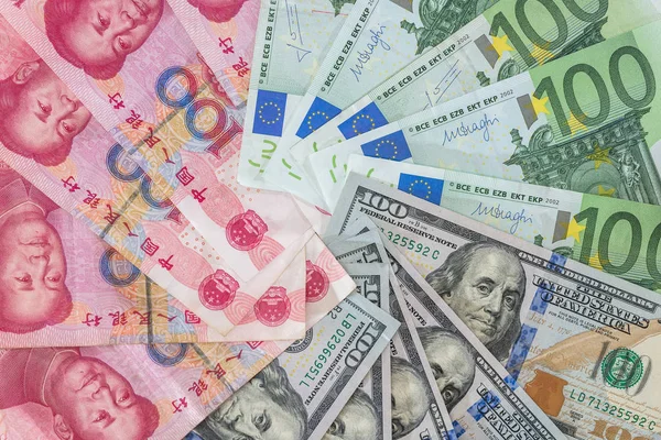 Dollar Américain Euro Billets Yuan Comme Toile Fond — Photo