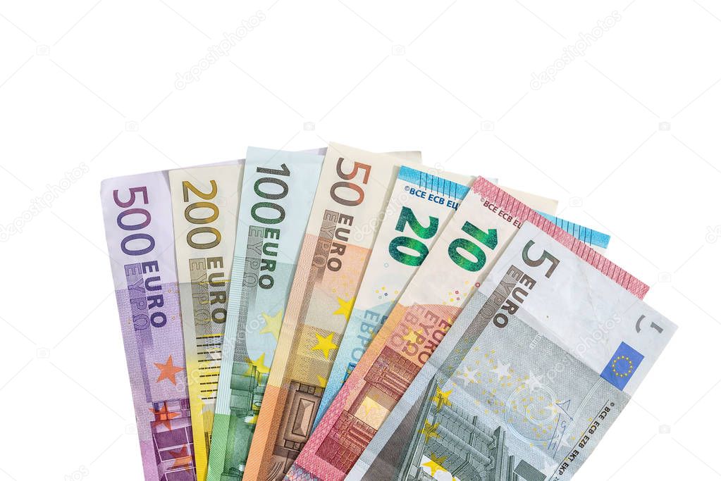 various denominations of euro  banknotes isolated on white. Place for text.