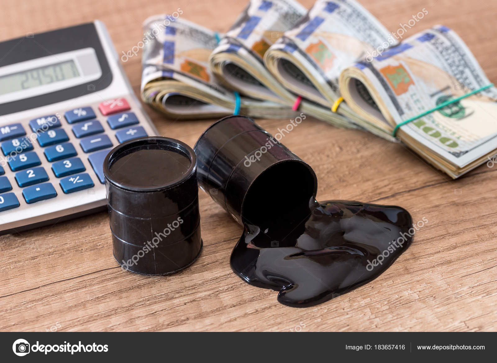 Black Barrel Oil Lies Dollar Banknotes Calculator Desk Sale Oil