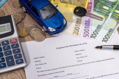 Belge - euro, kalem, hesap makinesi ve oyuncak araba ile bir araba satın almak.