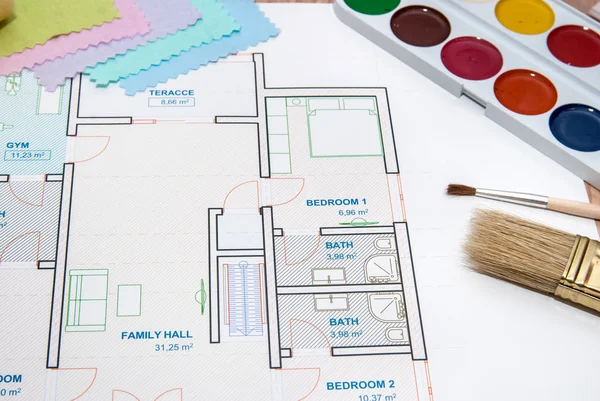 カラー パレット 生地のサンプルが付いている家の建築計画 — ストック写真