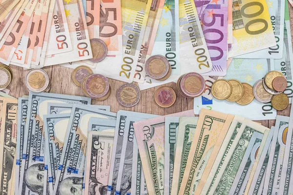Mince Dolar Euro Bankovek Detailní Záběr — Stock fotografie