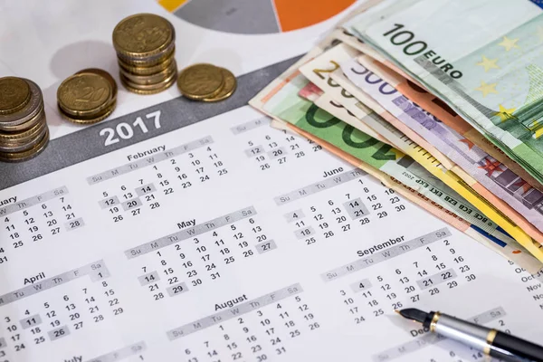 Business Concept Euro Bollette Calendario Penna Calcolatrice — Foto Stock