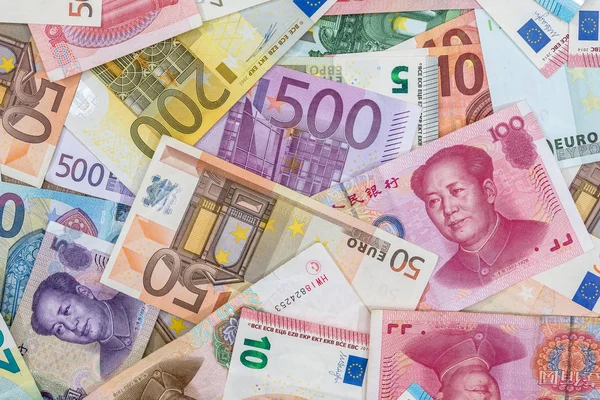 Różne Rachunki Euro Yuan Jako Tło — Zdjęcie stockowe