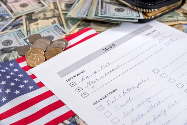 Lista Rzeczy Zrobienia Flaga Usa Dolar Pióra — Zdjęcie stockowe