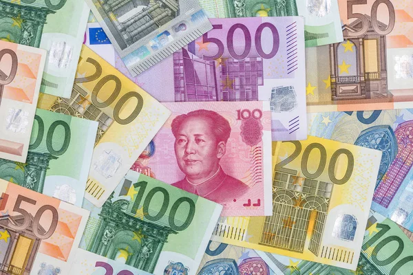 Diferentes Notas Euro Yuan Como Fundo — Fotografia de Stock