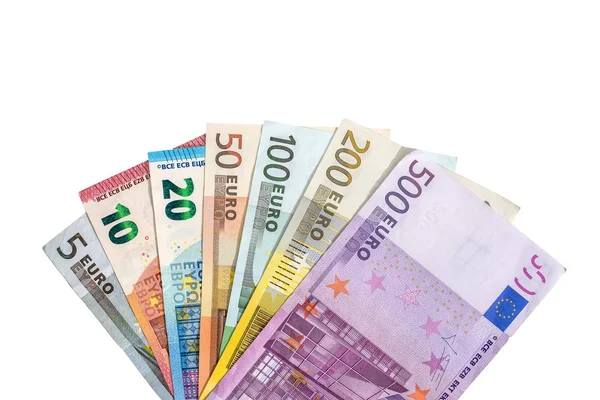 Conjunto Completo Billetes Euro Aislados Blanco Lugar Para Texto —  Fotos de Stock