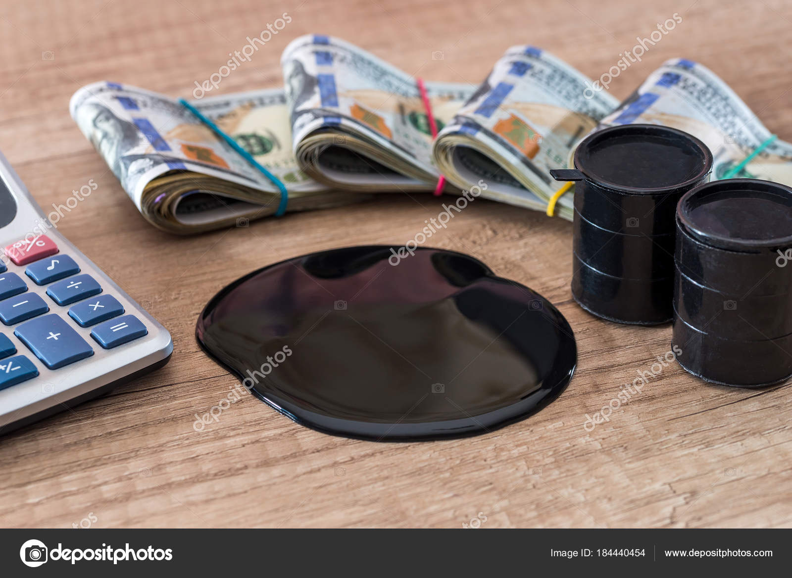 Black Barrel Oil Lies Dollar Banknotes Calculator Desk Sale Oil