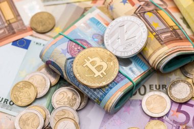 bitcoin, litecoin, euro para ve faturaları, para kavramı
