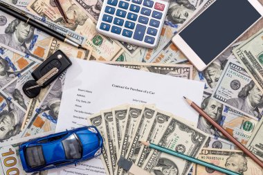 Araba sözleşme, oyuncak araba, Doları, hesap makinesi, kalem, kurşun kalem