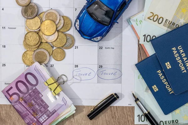 Concetto Viaggio Auto Euro Passaporto Calendario — Foto Stock