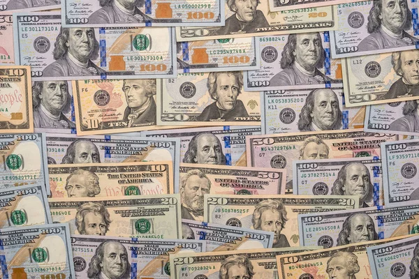 Muitos Dólares Acumulam Como Pano Fundo Perto — Fotografia de Stock