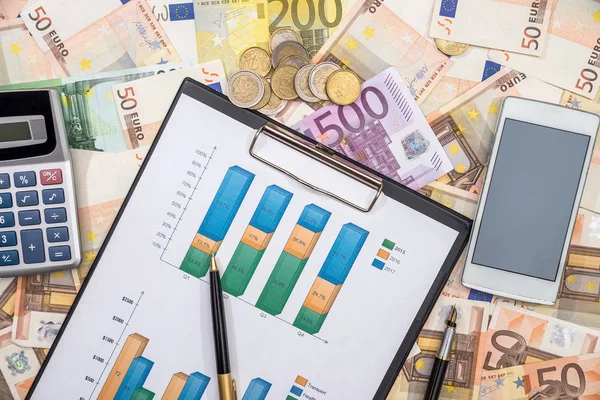 Kalem Smartphone Euro Banknot Üzerinde Hesap Makinesi Ile Grafik — Stok fotoğraf