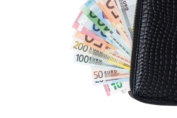 Billetes Euros Cuero Monedero Negro Aislado Sobre Fondo Blanco —  Fotos de Stock