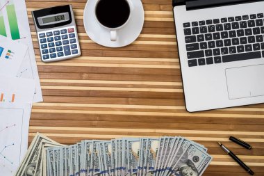 dolar, iş grafik, dizüstü bilgisayar, kahve ve calculatop