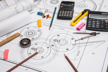 Ölçüm aletleri teknik çizimler arka plan üzerinde. üstte görüntülemek