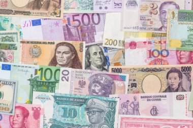 arka plan olarak dünya ülkeden birçok farklı para birimi banknotlar