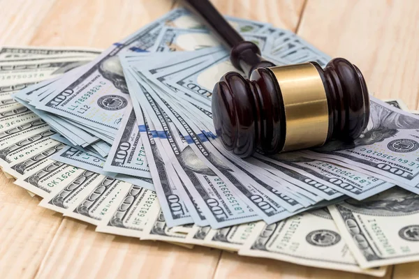 Money Judges Hammer Wooden Table — Stock Photo, Image