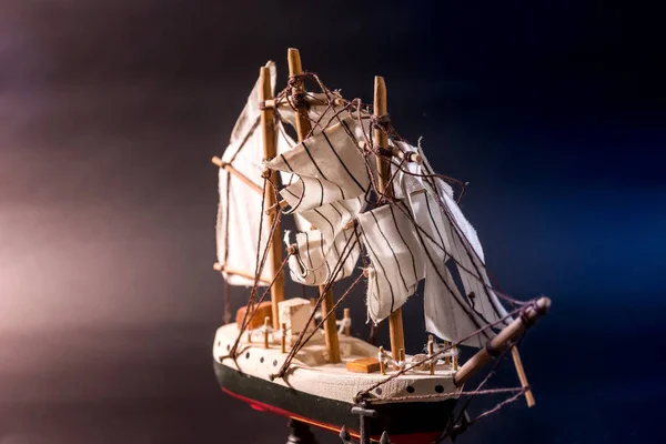 Wooden Ship Toy Model Isolated Black Background — Stock Photo, Image