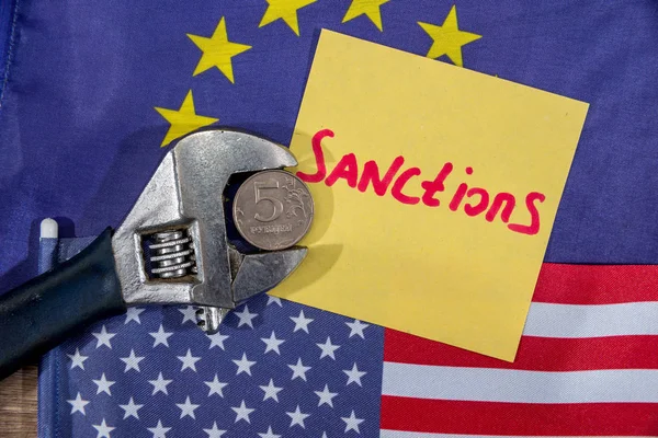 US flag. European community flag. Sanctions of russian