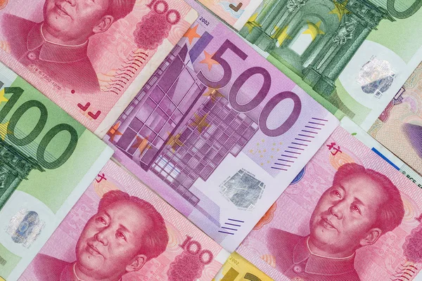 Diferentes Notas Euro Yuan Como Fundo — Fotografia de Stock