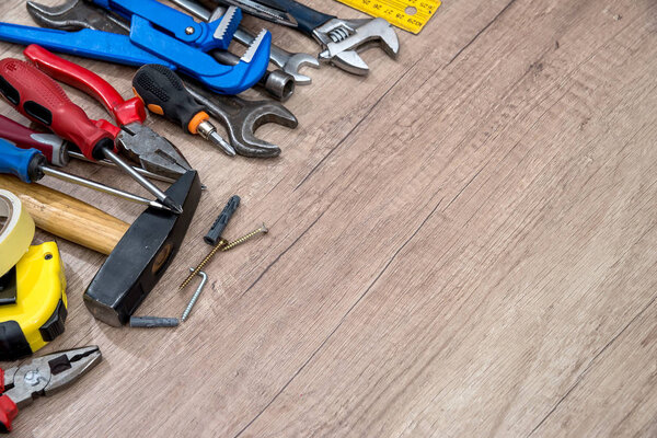 DIY tools on table shot in studio. top view.