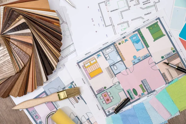 家の計画の設計図と材料のラミネート サンプル デザイン コンセプト — ストック写真