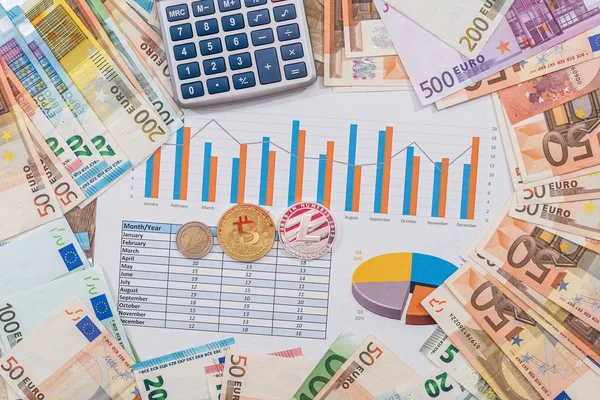 bitcoin, litecoin, iş grafik, euro fatura, hesap makinesi