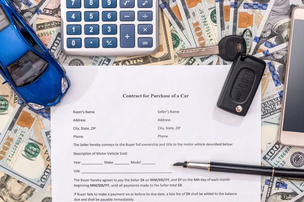 car contract, toy car, dollar, calculator, pen, pencil