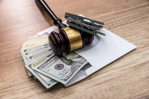 Concept Corruption Dollars Envelope Handcuffs Hammer Judges — Stock Photo, Image