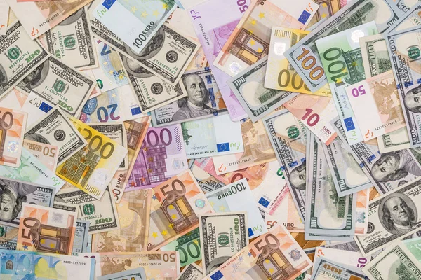 Pilha Notas Dólar Euro Como Fundo — Fotografia de Stock