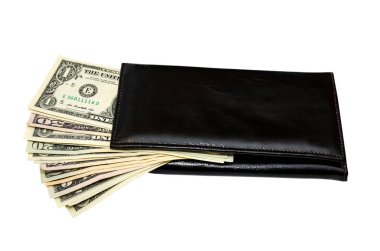 Beyaz arka plan üzerinde izole dolar ile siyah çanta