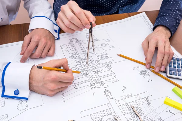 Two Engineers Discussing Engineering Drawing Office — Stock Photo, Image