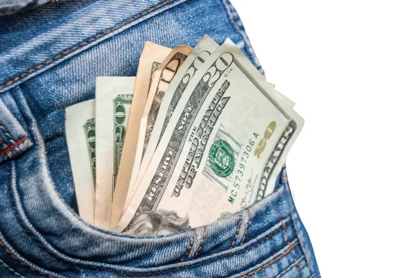 Twenty Dollar Sticking Out Blue Jeans Pocket — Stock Photo, Image